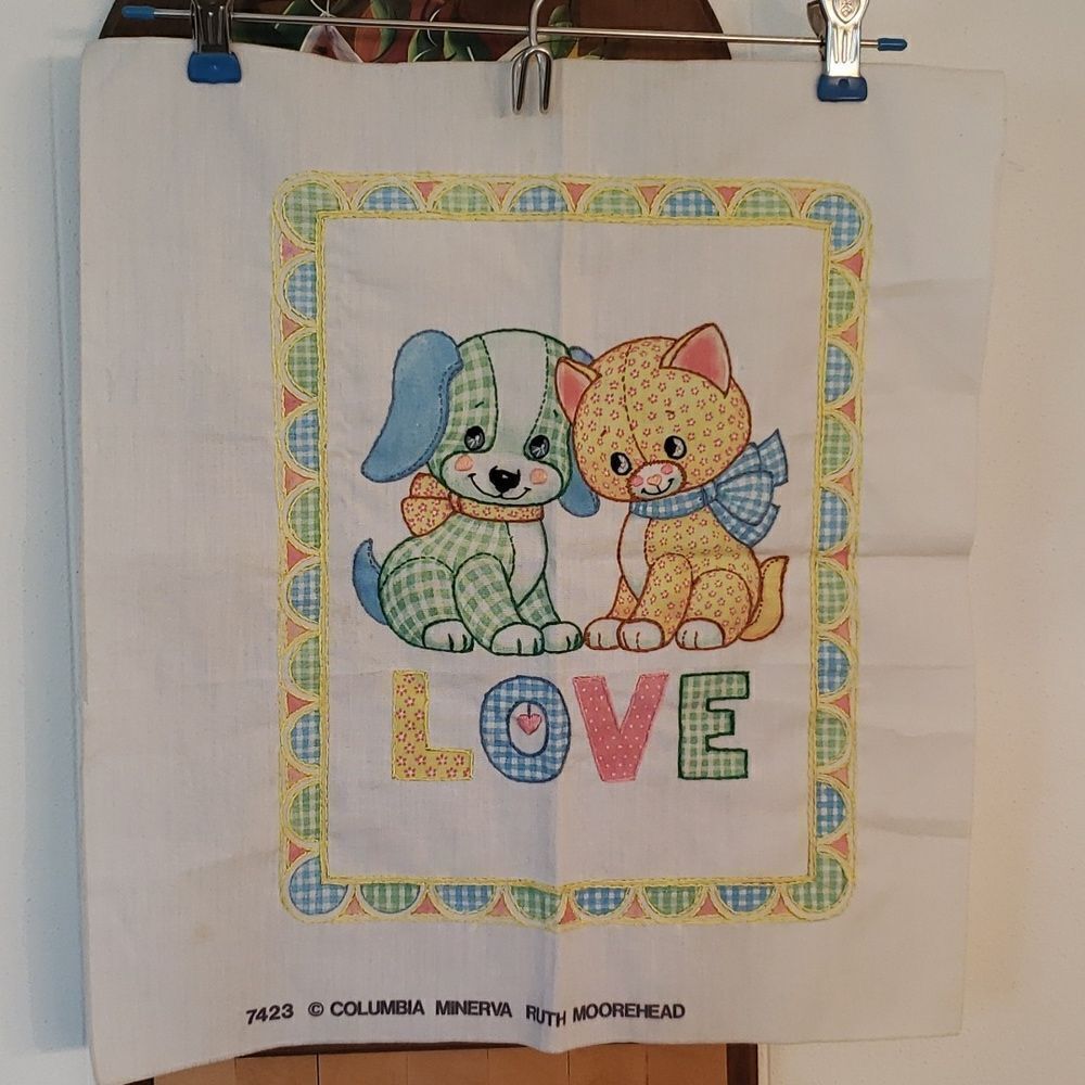 Adorable Vintage Baby Decor Needlework Puppy Kitten LOVE Bright Colors!